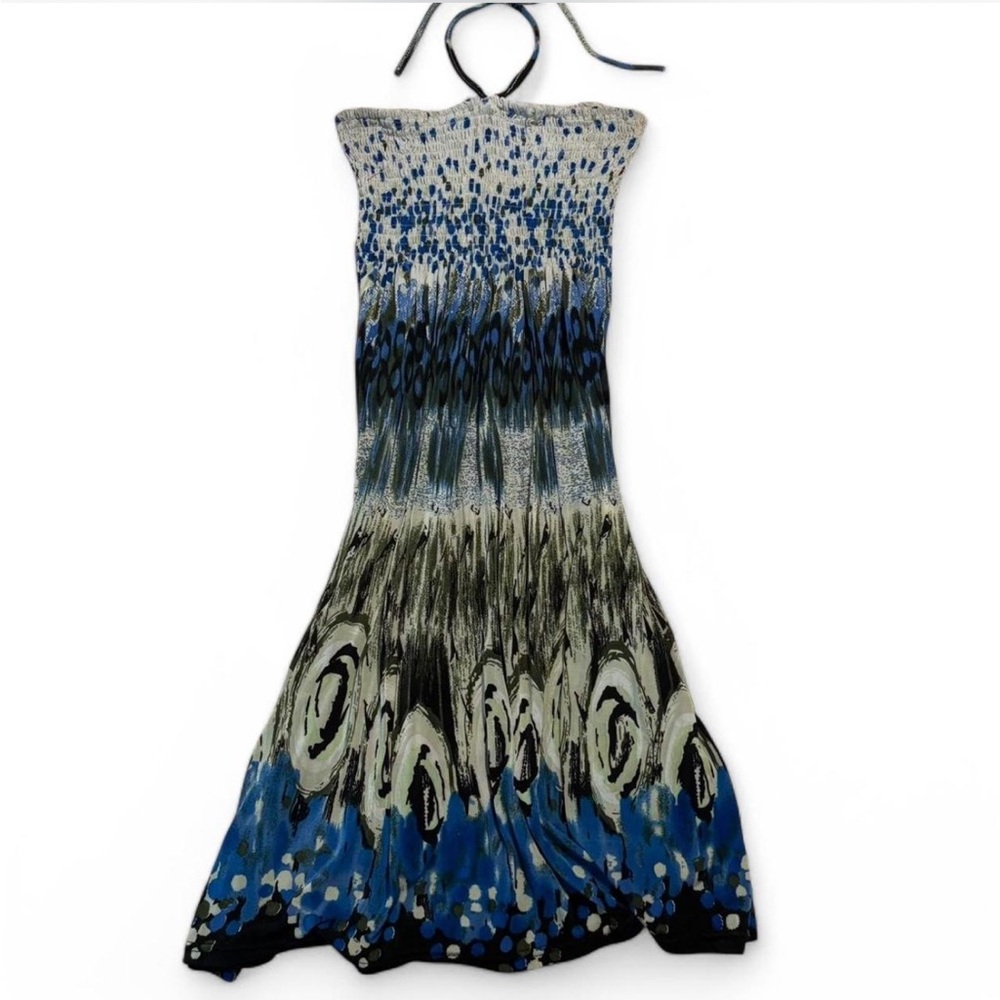 Vintage dj productions blue and white mini ruffle halter dress 👗